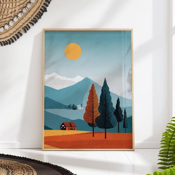 Mid Century Mountain Landscape Retro Cabin Wall Art, Unframed Paper Poster 8x10in