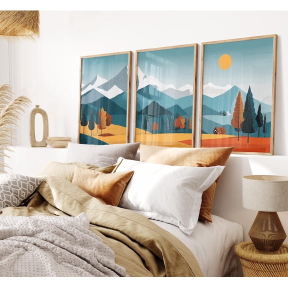 Mid Century Mountain Prints Retro Geometric Landscape Wall Art Set 3 Unframed Paper Print 20x30