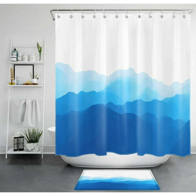 Mid Century Mountain Views: Blue Abstract Shower Curtain Set for Modern ...