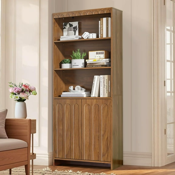 Mid Century Narrow Bookcase, 61'' Slim Walnut Bookshelf with Doors, Adjustable 5 Tier Arched Display Cabinet