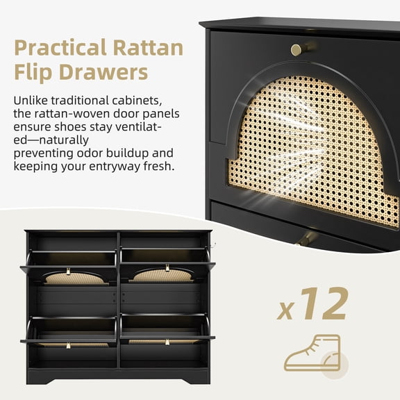Mid-Century Narrow Design Tipping Bucket Shoe Cabinet with 4 Flip Drawers, Elegant Entryway Shoe Organizer with 4 Rattan Doors, Freestanding Shoe Rack with 2 Silvery Hooks for Hallway, Black, 42.1"W