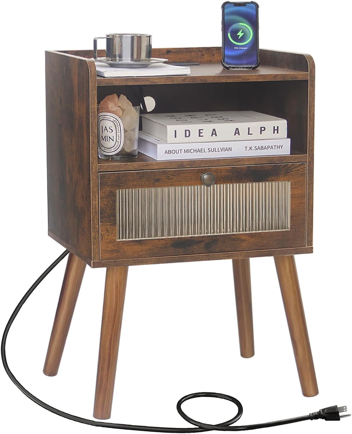 Mid Century Night Stand with Charging Station, Wood Bedside Table with