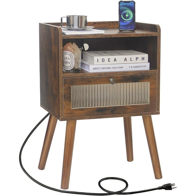 Mid Century Night Stand with Charging Station, Wood Bedside Table with