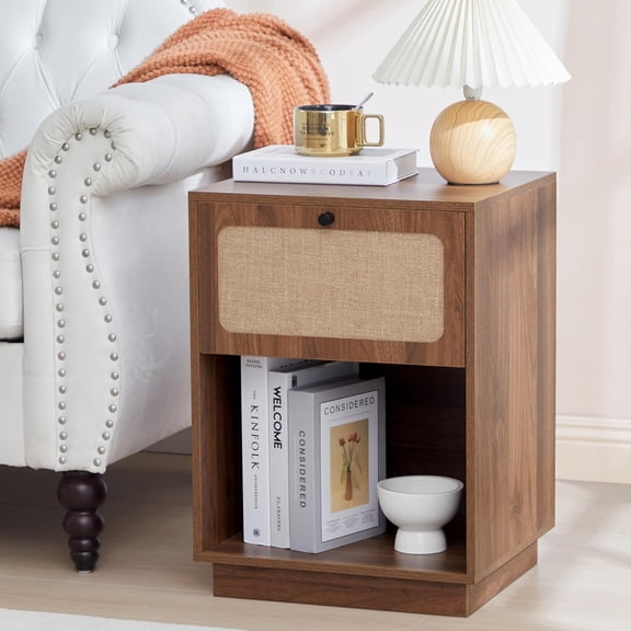 Mid Century Night Stand with Drawer, Farmhouse End Table with Storage & Curved Linen Panel, Modern Nightstands Bedside Table Small Side Tables for Small Space, Bedroom (Walnut)