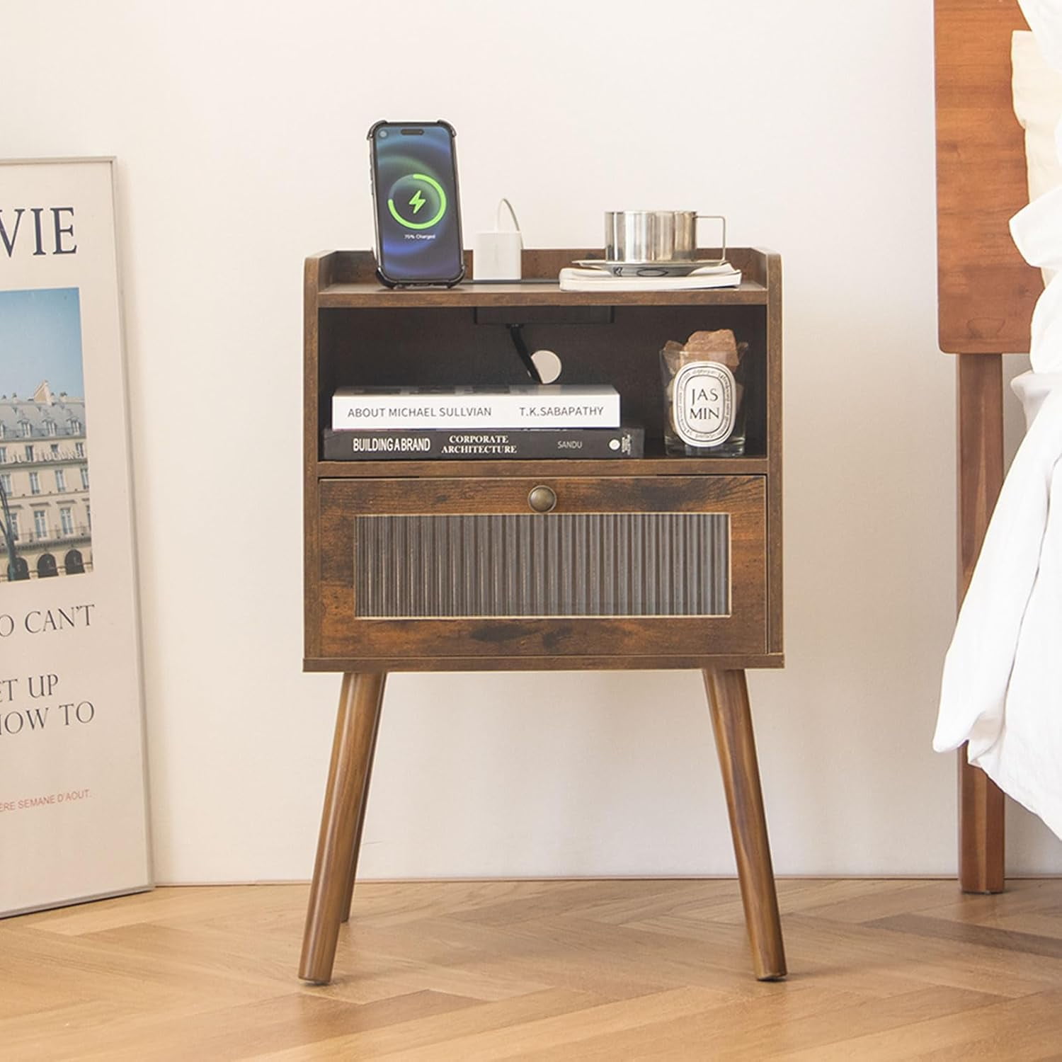 Mid Century Night Stand with Station, Bedside Table with Glass Drawer — free download