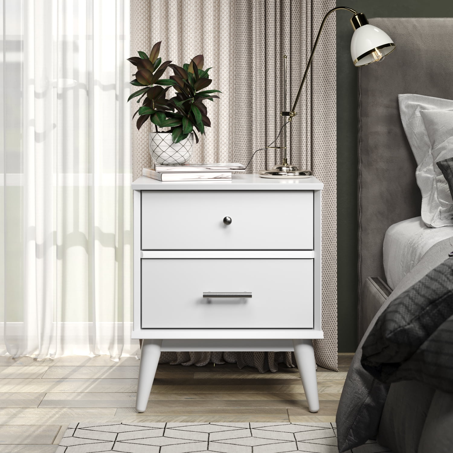 Camaflexi Mid Century 2 Drawer Night Stand Solid Wood, White