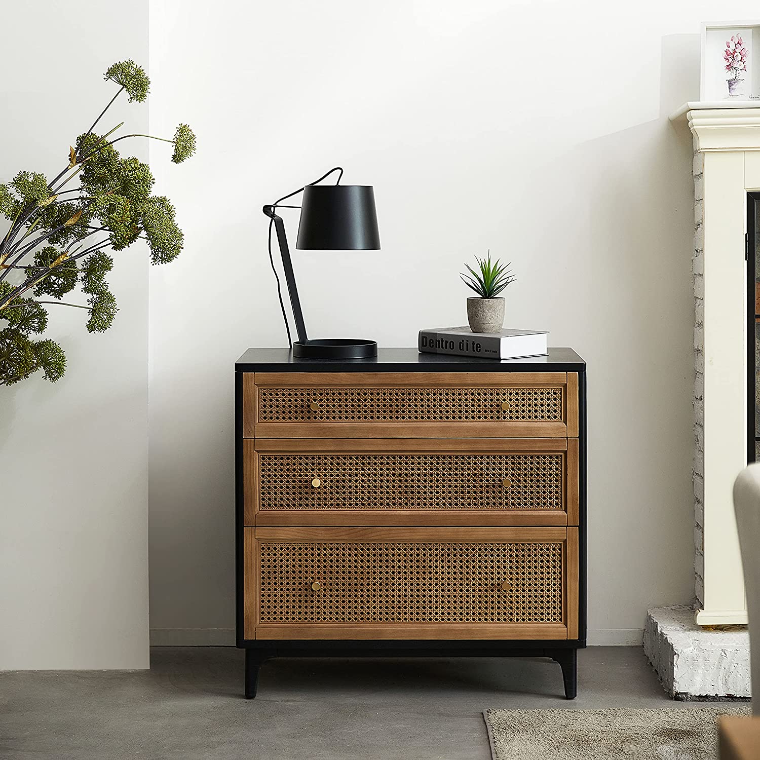 Mid Century Nightstand Assembled 3 Cane Drawers Wood Nightstand Boho