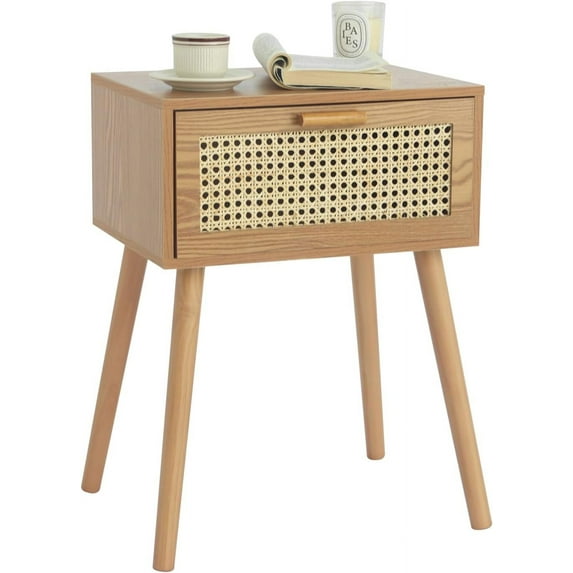 Mid Century Nightstand, Rattan Side Table with Drawer, Modern Bedside Table with Storage and Solid Wood Legs for Living Room, Bedroom and Small Space (Brown)