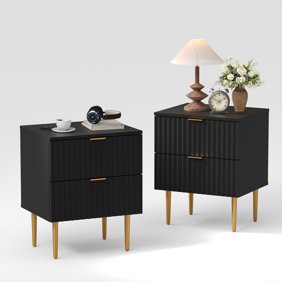 Mid-Century Nightstand Set of 1/2, Bedside Table with 2 Drawers & Metal Legs, Fluted End Table for Bedroom Living Room