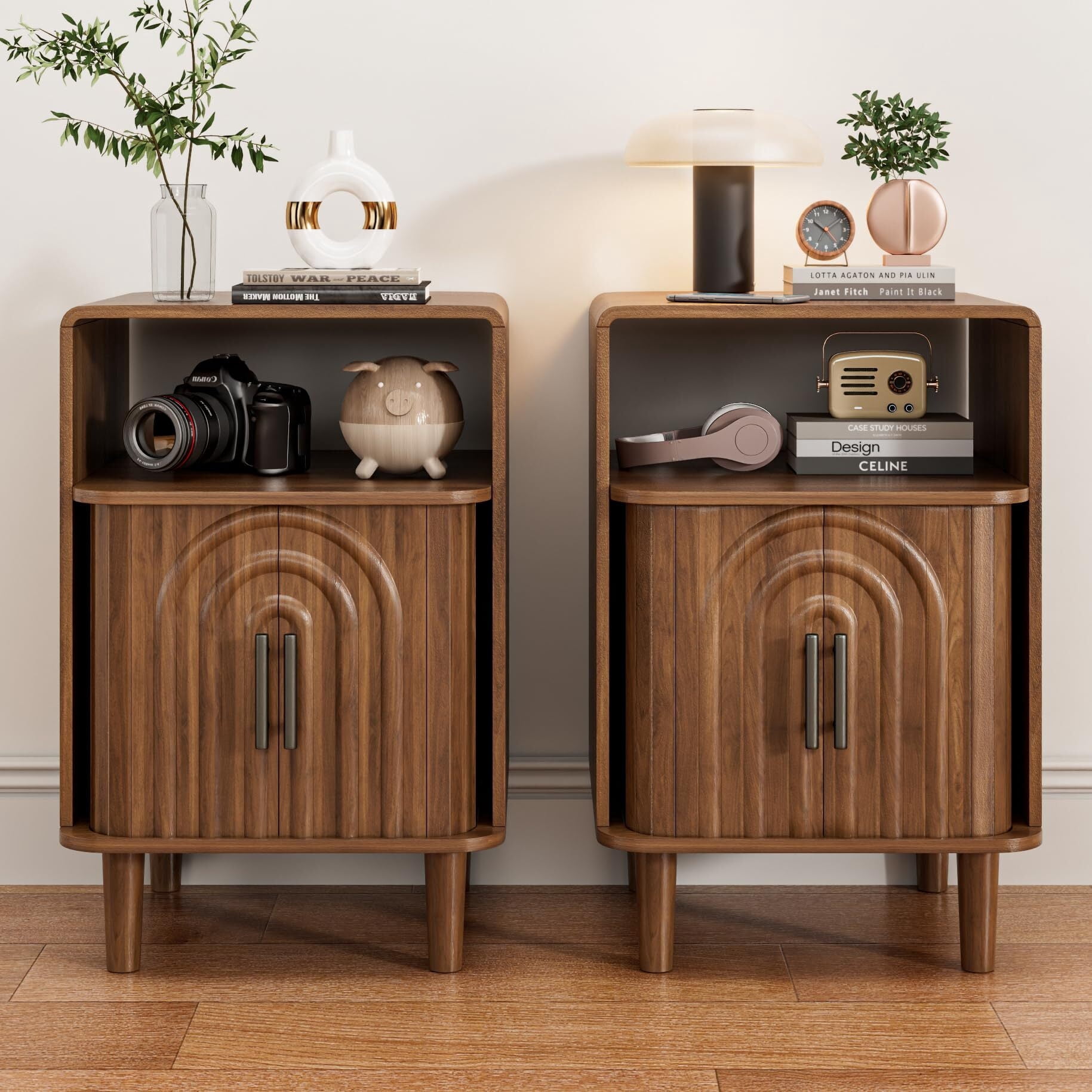 Mid Century Nightstand Set of 2, Fluted Bedside Tables with Storage, Small Vintage End Tables for Bedroom, Walnut