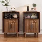 Mid Century Nightstand Set of 2, Fluted Bedside Tables with Storage, Small Vintage End Tables for Bedroom, Walnut