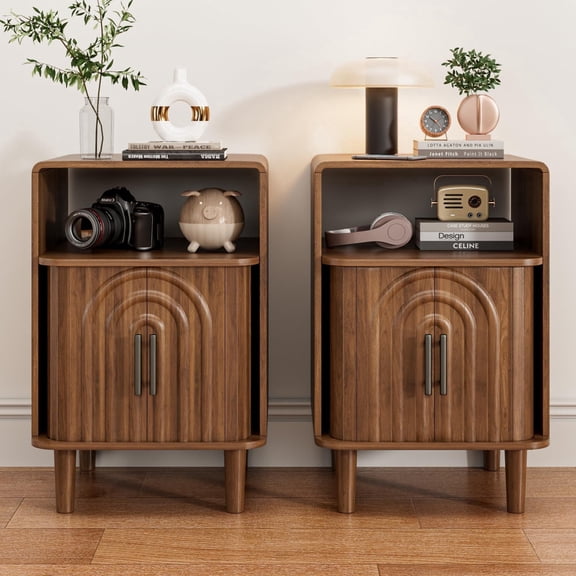 Mid Century Nightstand Set of 2, Fluted Bedside Tables with Storage, Small Vintage End Tables for Bedroom, Walnut