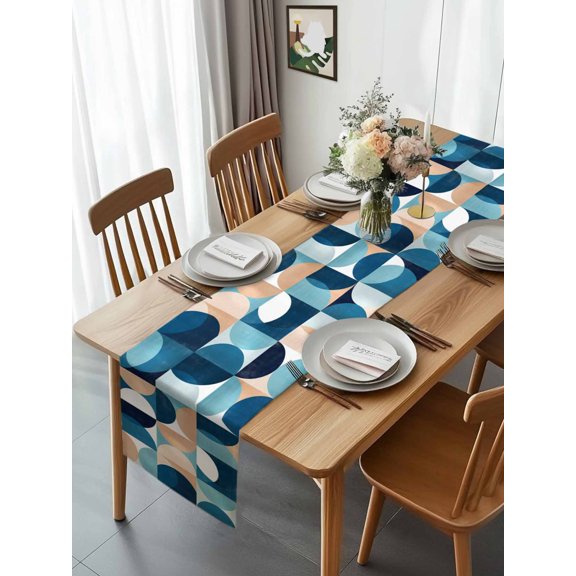 Mid Century Nordic Abstract Semicircle Table Runner 13x70in Non-Slip Cotton Linen Table Runners, Splicing Geometric Art Dresser Scarves TableRunner for Dinner Kitchen Dining Wedding Party
