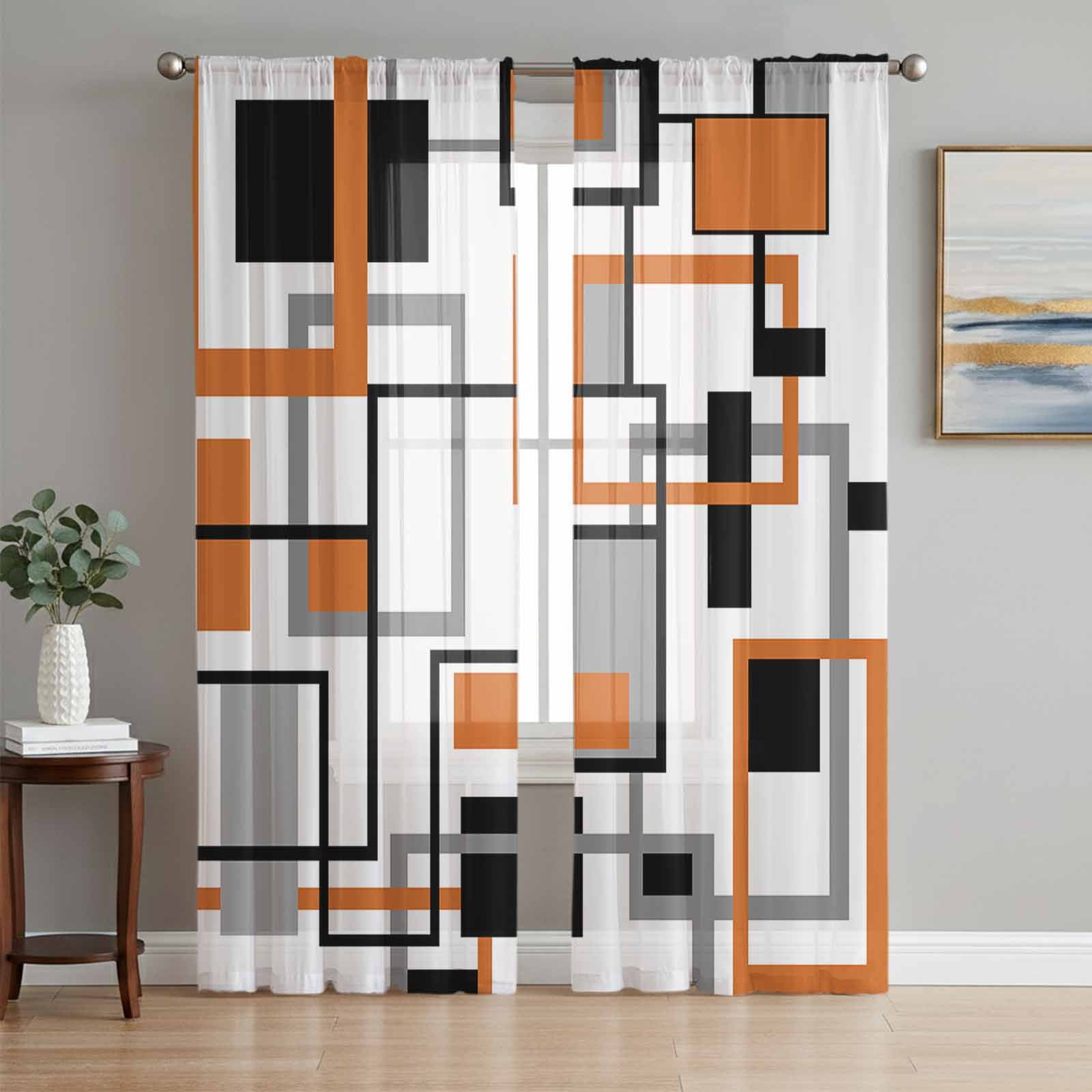Rectangular Curtains Mid Century Nordic Splicing Art Chiffon Sheer Curtains 84 Inches Long ...