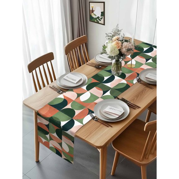 Mid Century Nordic Table Runner 13x70in Non-Slip Cotton Linen Table Runners, Retro Semicircle Green Orange Block Dresser Scarves TableRunner for Dinner Kitchen Dining Wedding Party