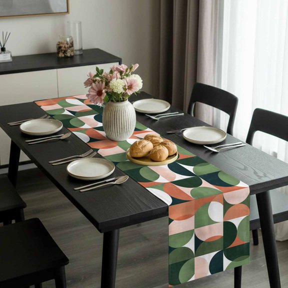Mid Century Nordic Table Runner 36 Inches Long,Kitchen Dining Tablerunners Retro Semicircle Green Orange Block Linen Table Runners Dresser Scarves for Home Dinner Wedding Holiday Party Decor