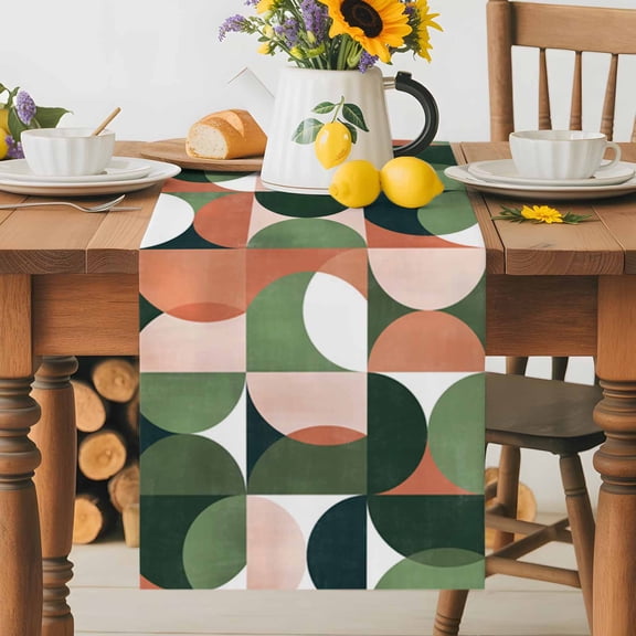 Mid Century Nordic Table Runner 36 Inches Long, Retro Semicircle Green Orange Block Table Runners Tabletop Scarf Kitchen Dining Tables Decoration for Home Party Indoor Outdoor