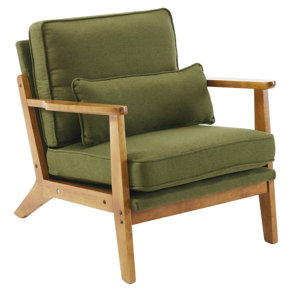 Mid-Century Oak Accent Chair Forest Green Linen-Cotton Upholstered 330LBS Capacity Solid Wood Frame Indoor Armchair