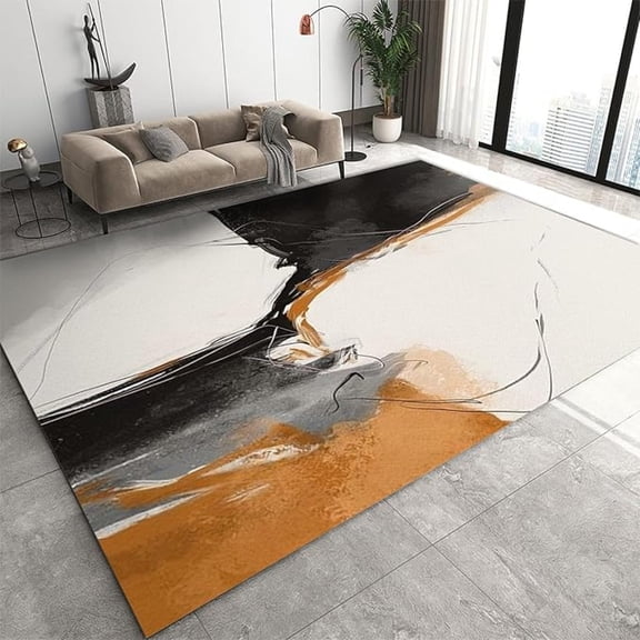 Mid-Century Oil Painting Art Area Rug, Abstract Brown And Black Cream Smear Living Room Rug, Anti-Slip Foldable Rugs For Bedroom Entryway Kitchen Office Nursery 1x2ft