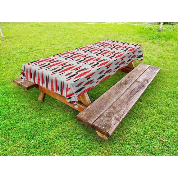 Mid Century Outdoor Tablecloth, Abstract Oval Leaf Forms with Different Designs and Color Combinations, Decorative Washable Fabric Picnic Tablecloth, 58 X 104 Inches, Red Black Pale Grey, by Ambesonne