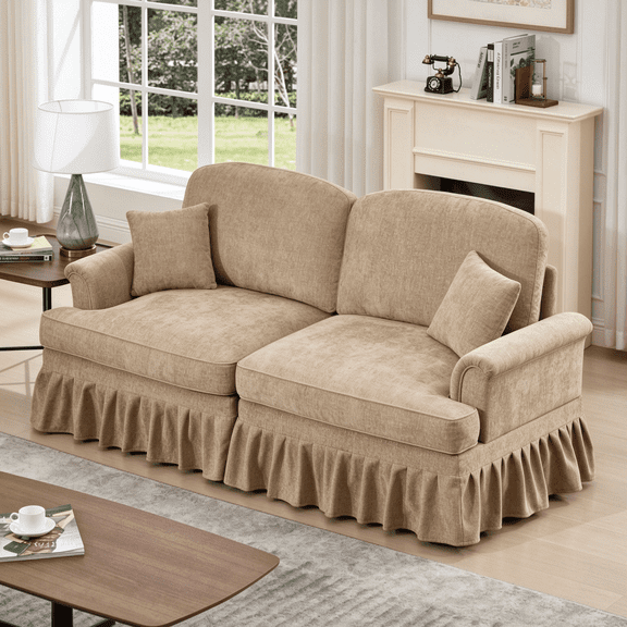 Mid Century Oversized Large Two Seater Sofa Couch with Flared Arms and Removable Ruffles Pleats Skirts and Spindle Legs, Comfy Chenille Two-Seat Love Seat Sofa for Living Room, Light Coffee