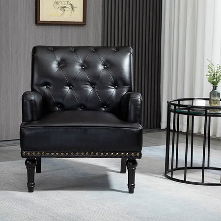 Mid-Century PU Leather Accent Chair, Large Living Room Lounge Sofa Chair with Black Painted Rubber Wood Feet, Single Club Armchair with Rivet Trim and Padded Seat for Bedroom Home Reception