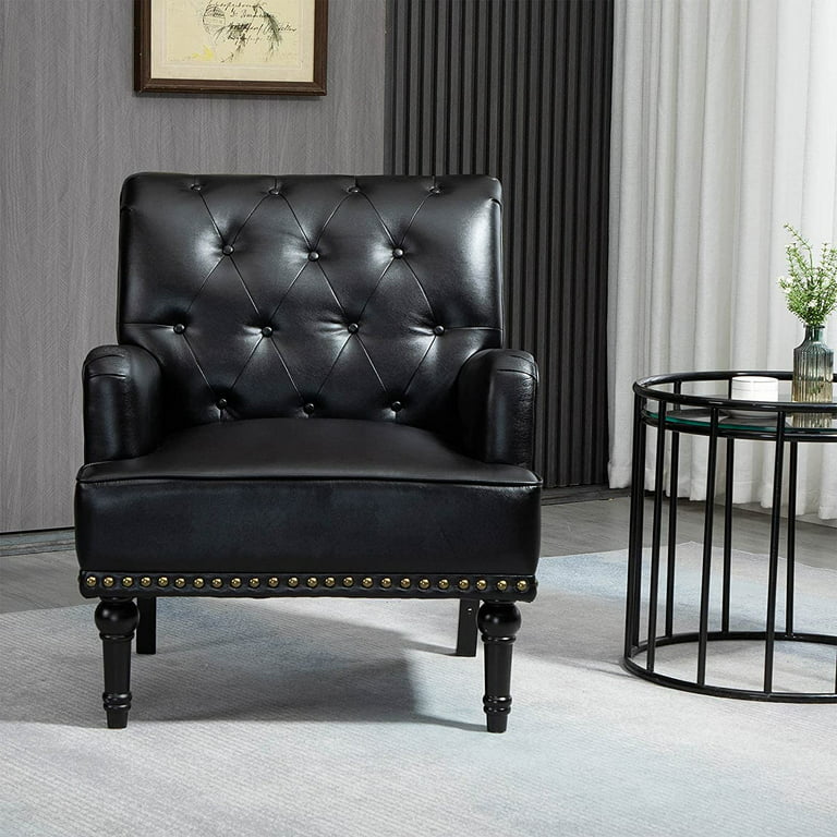 Mid-Century PU Leather Accent Chair, Living Room Lounge Sofa Chair with Black Painted Rubber Wood Feet, Single Club Armchair with Rivet Trim for
