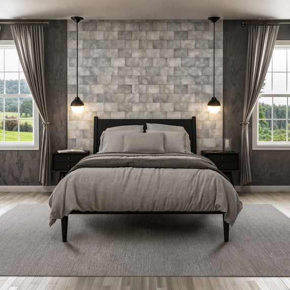 Camaflexi Mid Century Platform Bed Wood Panel Bed Frame with Headboard, Full, Black