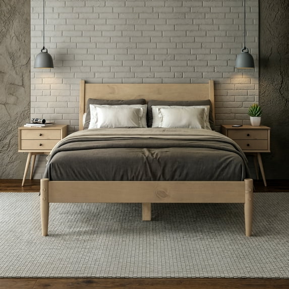 Camaflexi Mid Century Platform Bed Wood Panel Bed Frame with Headboard, Full, Light Oak