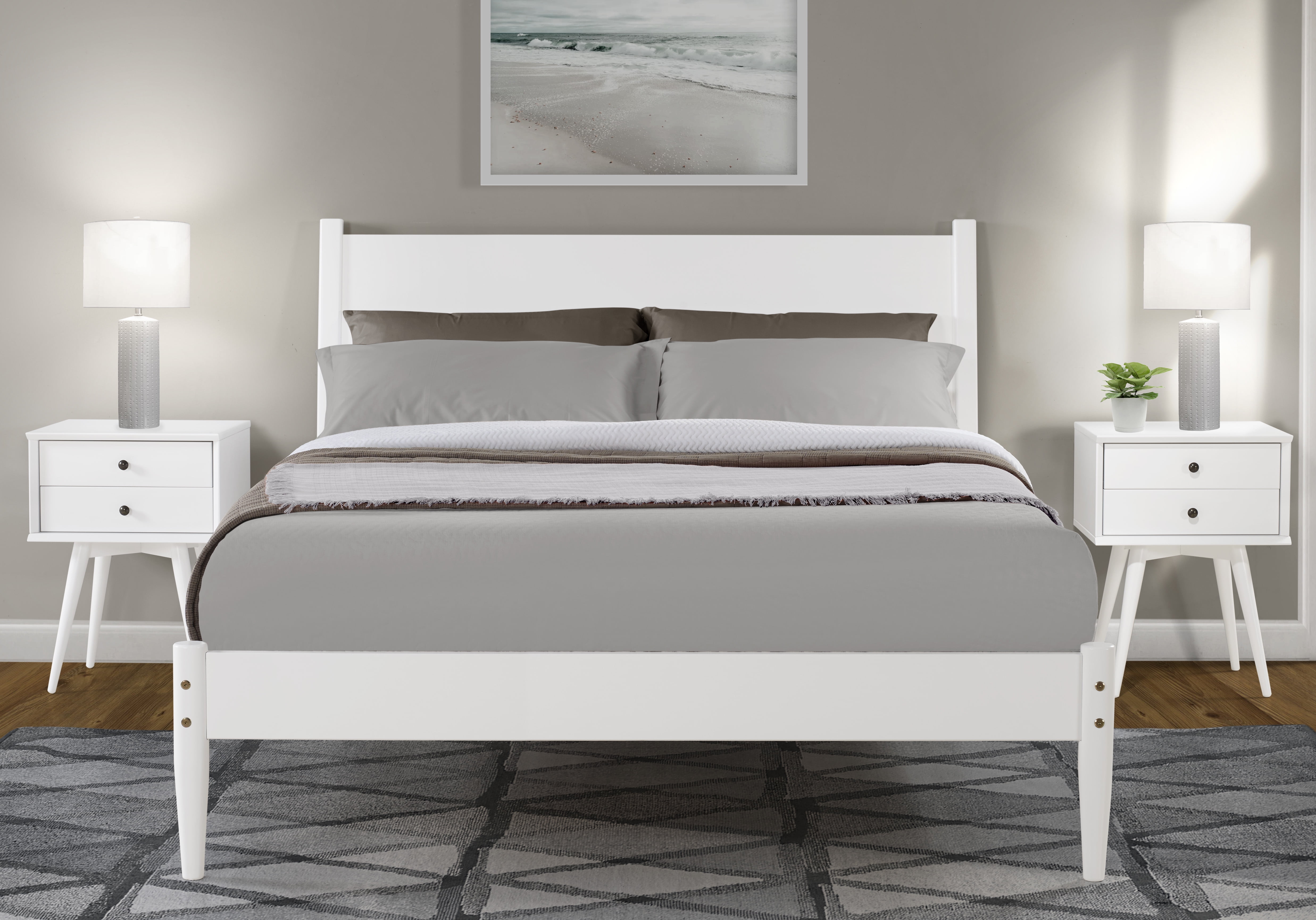 MidCentury Panel Bed Queen Size White Finish