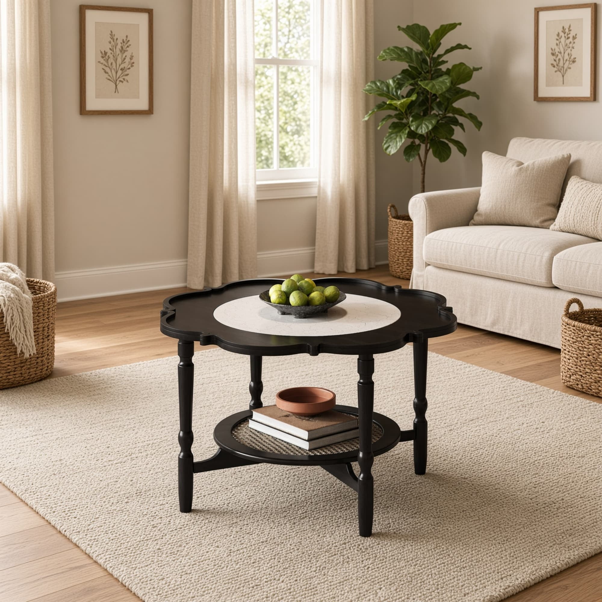 Mid-Century Petal Coffee Table with Crackle Glass & Rattan Shelf, 2 ...