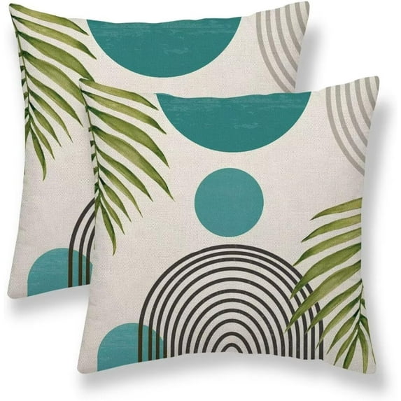 Mid Century Pillow Covers 18x18 Set of 2, Boho Abstact Teal Sunset Decorative Throw Pillow Covers Outdoor Summer Modern Aqua Cushion Case for Bed Couch Sofa Home Decor
