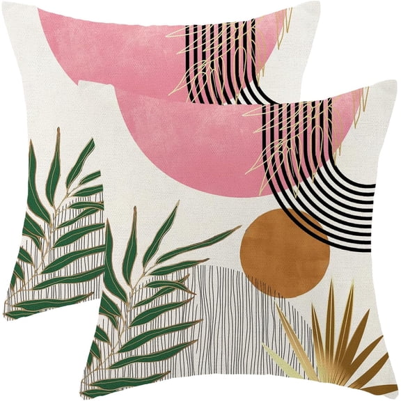 Mid Century Pillow Covers 18x18 Set of 2 Boho Pink Green Gold Throw Pillow Covers Outdoor Decoration Bohemian Tropical Leaves Pillowcase Farmhouse Decorative Cushion Case for Home Couch