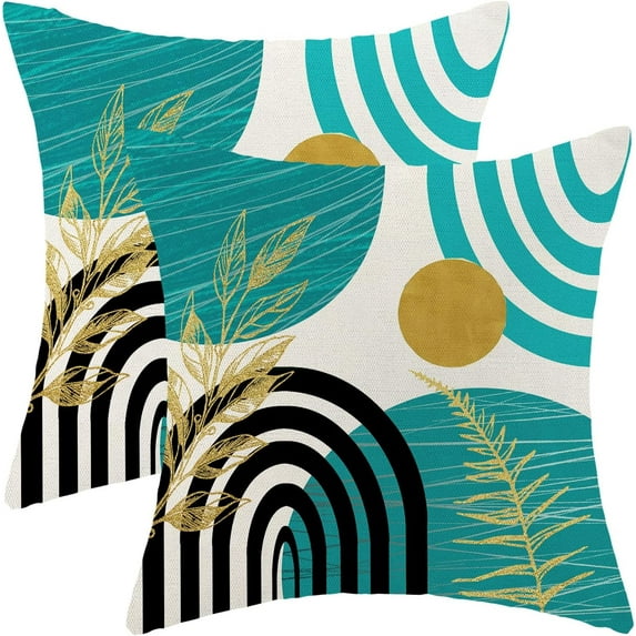 Mid Century Pillow Covers 18x18 Set of Boho Teal Gold Leaf Art Line Throw Pillow Cover Outdoor, Abstract Modern Bohemian Style Decor Farmhouse Linen Decorative Cushion Cover for Home Couch Sofa