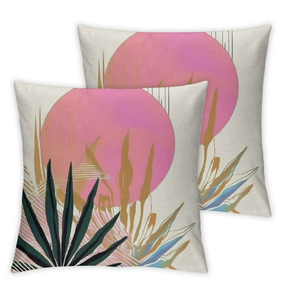 Mid Century Pillow Covers Set of 2 Boho Pink Green Gold Throw Pillow Covers Outdoor Decoration Bohemian Tropical Leaves Pillowcase Farmhouse Decorative Cushion Case for Home Couch
