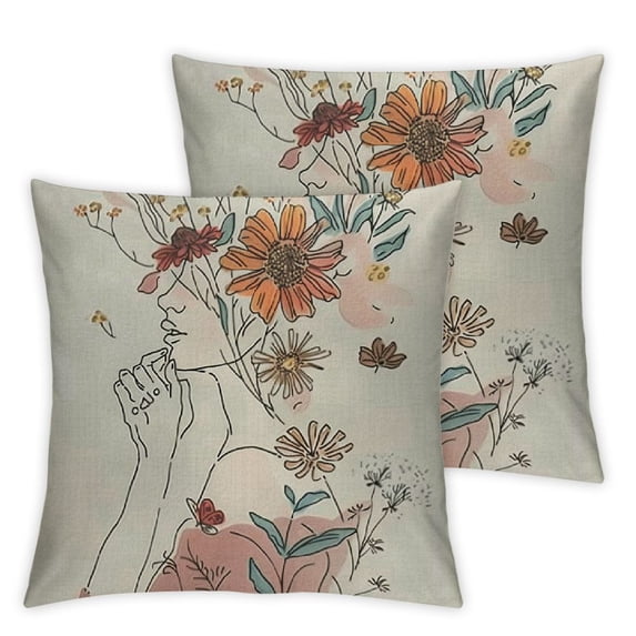 Mid Century Pillow Covers&nbsp;Set of 2, Abstract Face Throw Boho Decorative Minimalist Woman Body Line Pillowcase Floral Plants Cushion Case for Home Outdoor Yard Abstract Line Woman