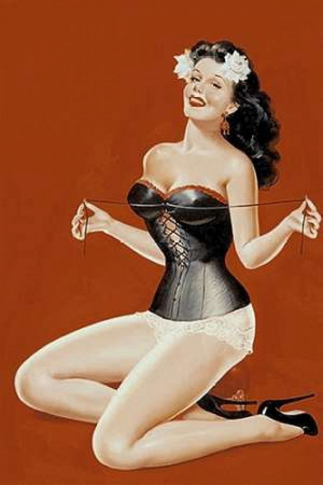 Mid-Century Pin-Ups - Lacing her bra Canvas Art - Peter Driben (24 x 36)