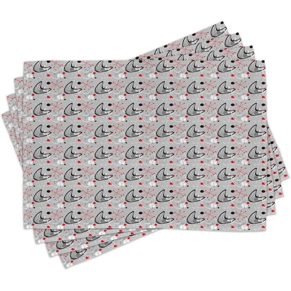 Mid Century Place Mats Set of 4, Scientific Inspirations in Fifties Art Design Atomic with Abstract Shapes, Washable Fabric Placemats for Dining Room Kitchen Table Decor, Grey Black Red