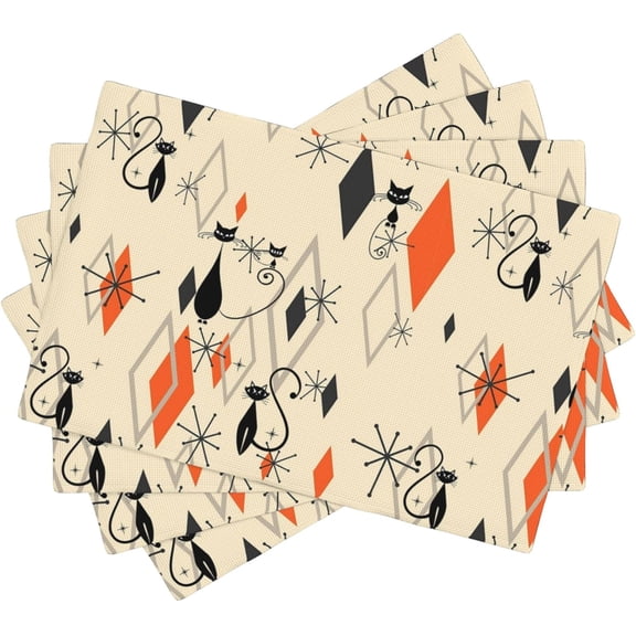 Mid Century Placemats 12x18 Inches, 1950s Vintage Fun Black Cat Starburst Atomic Modern Pattern, Kitchen Dining Decor Set of 4