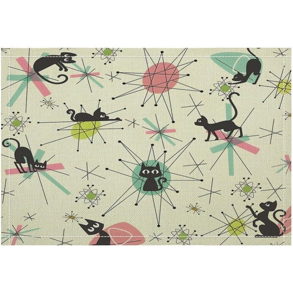 Mid Century Placemats Set of 4,Black Cat Retro Diamond Atomic Starbursts 1950s 1960s Abstract Geometric Minimalist Pattern Placemats Table Mat for Home Dining Table Kitchen Party Decor 12x18in 4PCS