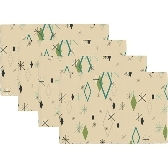 Mid Century Placemats Set of 4 50s Starburst Atomic Dining Place Mats Linen Table Mat for Farmhouse Home Kitchen Decor 12 X 18 Inch
