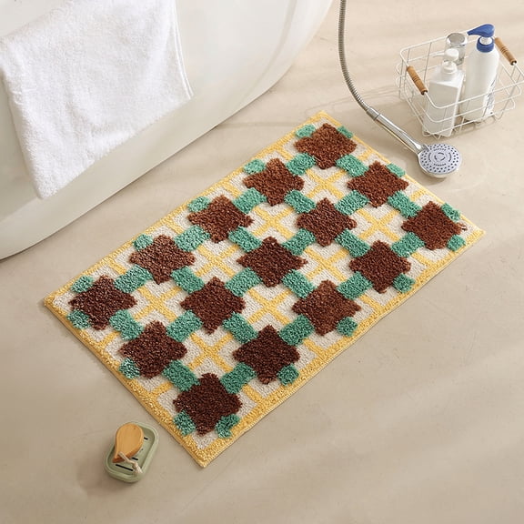 Mid-Century Plaid Microfiber Bath Mat, Quick Dry Super Absorbent Bathroom Door Mat, Non Slip Retro Checkered Floor Rug for Toilet Shower Entrance Home Decor