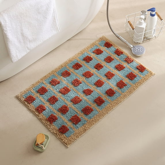 Mid-Century Plaid Microfiber Bath Mat, Quick Dry Super Absorbent Bathroom Door Mat, Non Slip Retro Checkered Floor Rug for Toilet Shower Entrance Home Decor