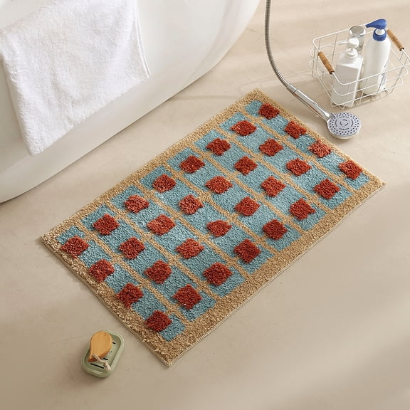 Mid-Century Plaid Microfiber Bath Mat, Quick Dry Super Absorbent Bathroom Door Mat, Non Slip Retro Checkered Floor Rug for Toilet Shower Entrance Home Decor