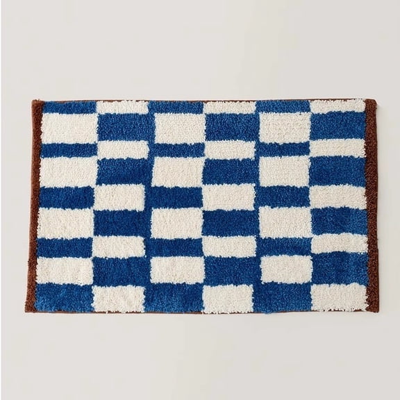 Mid-Century Plaid Microfiber Bath Mat, Quick Dry Super Absorbent Bathroom Door Mat, Non Slip Retro Checkered Floor Rug for Toilet Shower Entrance Home Decor