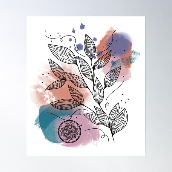 Mid Century Plant Lineart With Mandala Poster Wall Art, Modern Wall Decor For Living Room Bedroom, 16x24 UNFRAMED