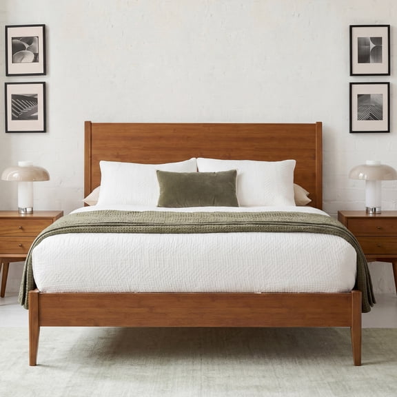 Mid Century Platform Bed King Size with Headboard, Wooden Bed Frame with Underneath Storage and Wood Slats, Heavy Duty Support and No Box Spring Needed, Walnut