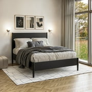 Camaflexi Mid Century Platform Bed with Solid Wood Bed Frame and Headboard, Queen, Black