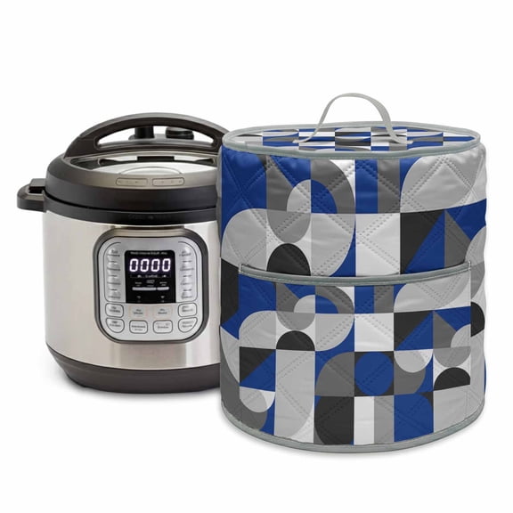 Mid Century Pressure Cooker Cover Navy Blue Grey Abstract Retro Geometric Modern Dust Cover for Kitchen Appliances with Top Handle & Storage Pockets, Fits 6 Quart Instant Pot, Air Fryer, Crock Pot