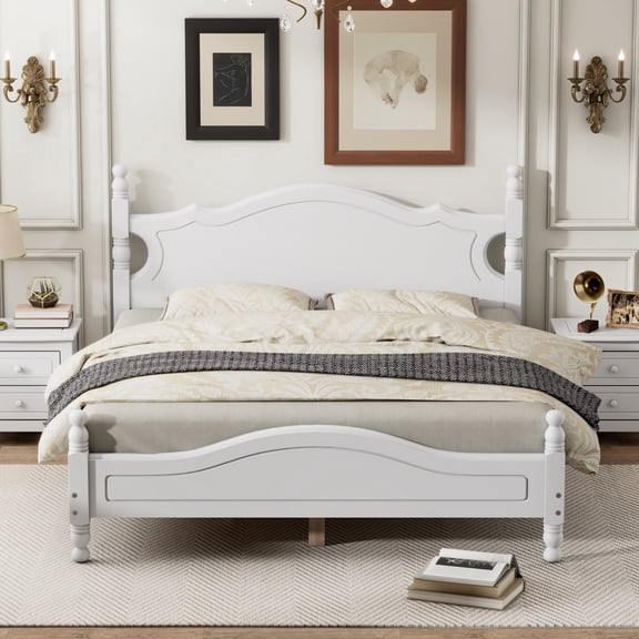 Mid Century Queen Platform Bed with Headboard and 4 Short Posts, Solid Wood Bed Frame with Wood Slats and Center Support, No Box Spring Needed, White